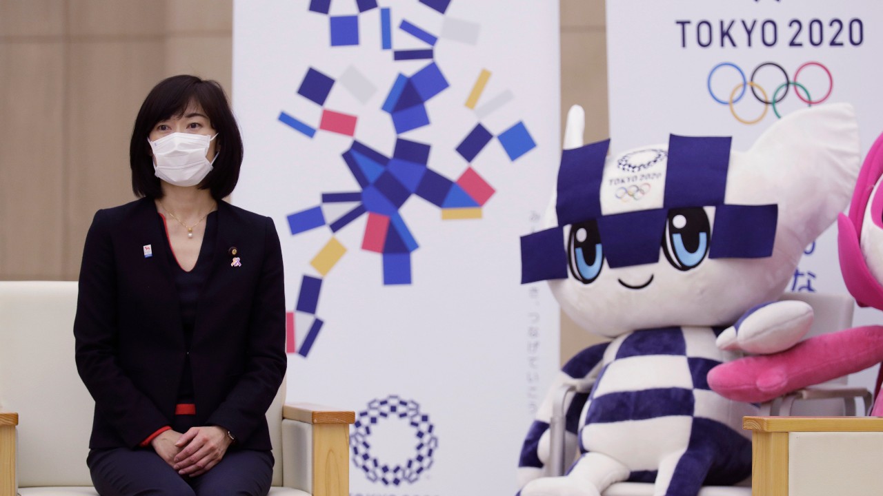 Tamayo Marukawa, the newly appointed minister for the Tokyo Olympic and Paralympic Games, waits for Tokyo Gov. Yuriko Koike before their talk in Tokyo on Friday, Feb. 19, 2021. (AP Photo/Hiro Komae)