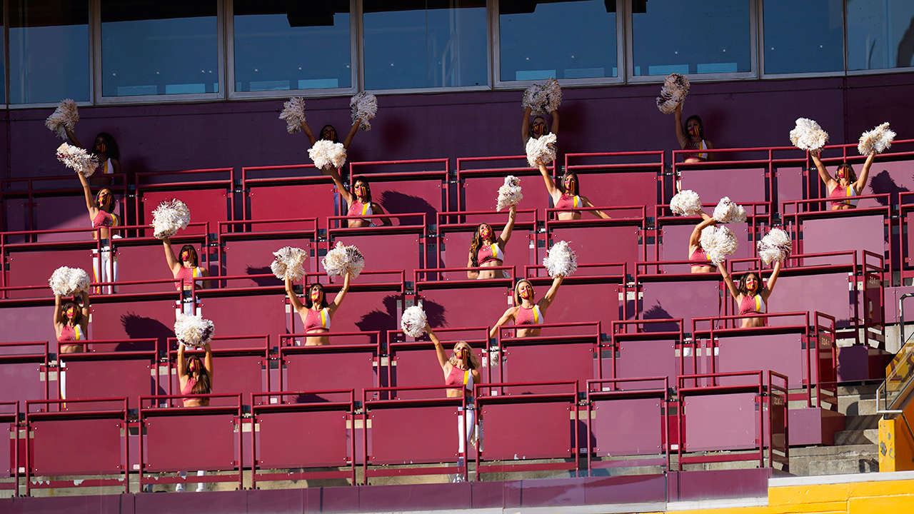 Members of the Washington Football Team cheerleading squad performing in an empty seating section at FedEx Field during the first half of an NFL football game between the New York Giants and Washington Football Team, Sunday, Nov. 8, 2020, in Landover, Md. (Patrick Semansky/AP)