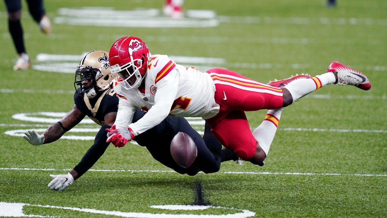 New Orleans Saints cornerback Janoris Jenkins breaks up a pass intended for Kansas City Chiefs wide receiver Sammy Watkins (14) in the second half of an NFL football game in New Orleans, Sunday, Dec. 20, 2020. (Butch Dill/AP)
