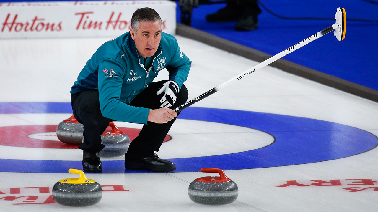 Team Wild Card Three alternate Wayne Middaugh directs his team as he plays Team Alberta at the Brier in Calgary, Alta., Monday, March 8, 2021. (Jeff McIntosh/CP)