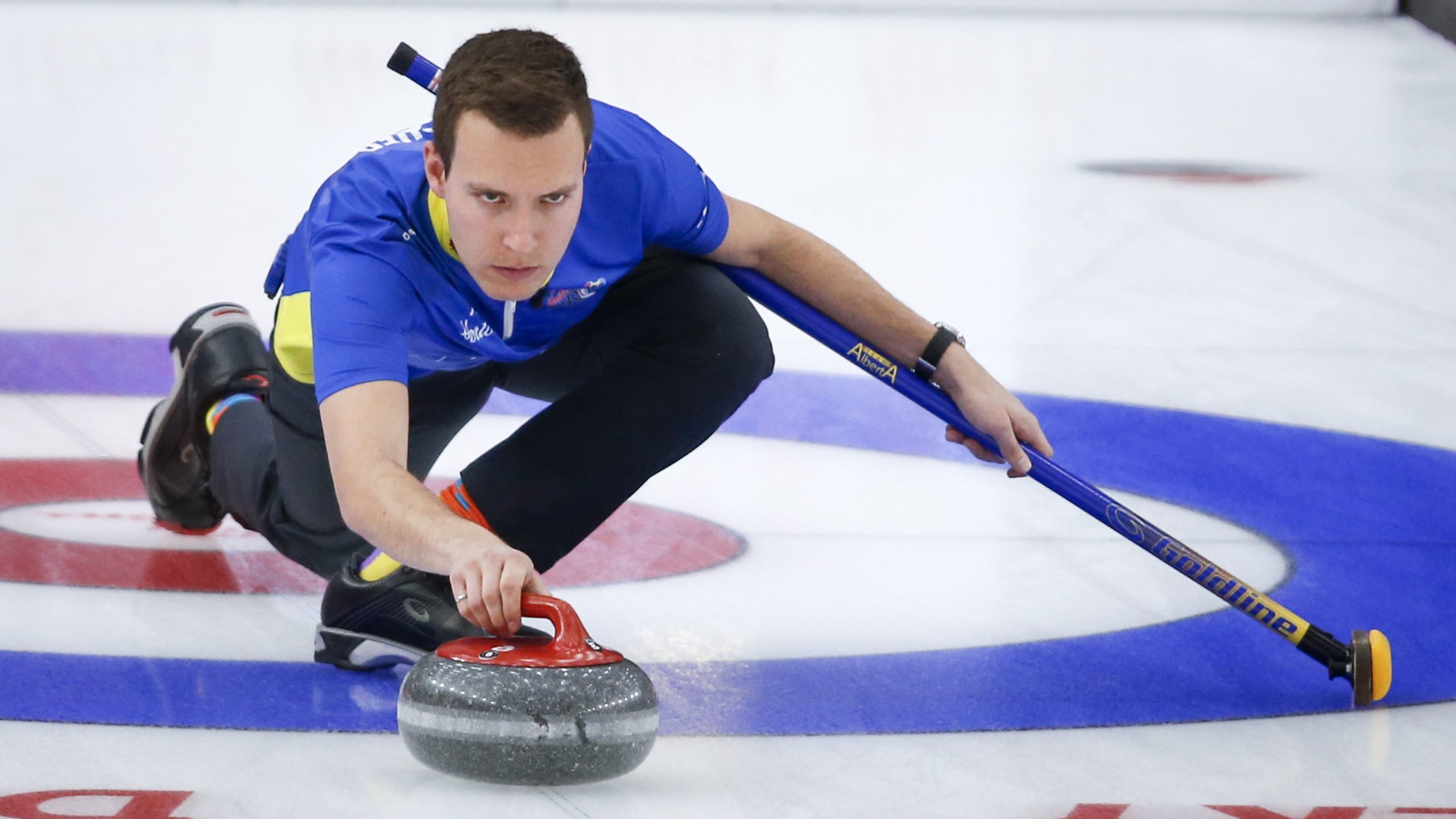 Team Alberta skip Brendan Bottcher makes a shot as he plays Team Wild Card Two during the final at the Brier curling final in Calgary, Alta., Sunday, March 14, 2021. (Jeff McIntosh/CP)
