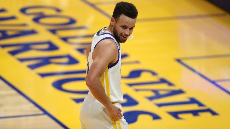 Golden State Warriors guard Steph Curry looks on during the first half of an NBA basketball game against the Chicago Bulls in San Francisco, Monday, March 29, 2021. (Jed Jacobsohn/AP)