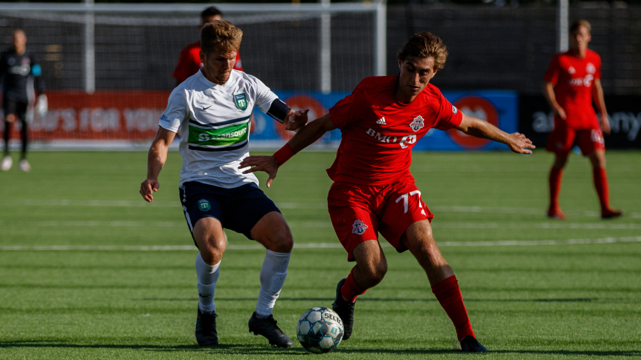 Just 20, Jordan Perruzza (right), shown in an Aug.23, 2019 handout photo, is the latest in a line of young Toronto FC strikers looking to make their mark with the MLS team. The homegrown player, who honed his skills in Italy with Empoli's academy, has wasted little time turing heads with TFC's first team. (THE CANADIAN PRESS/HO-Toronto FC-Lucas Kschischang)