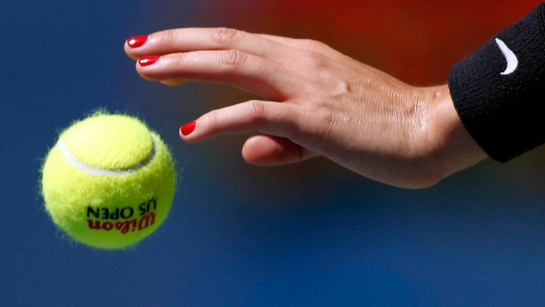 Eugenie Bouchard prepares to serve to Evgeniya Rodina during the first round of the U.S. Open tennis tournament, Wednesday, Aug. 30, 2017, in New York. Six Challenger-tier tennis tournaments scheduled to be held in Canada this year have been cancelled due to the COVID-19 pandemic.THE CANADIAN PRESS/AP/Adam Hunger