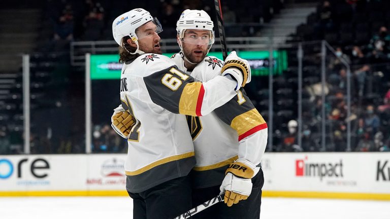 Vegas Golden Knights defenseman Alex Pietrangelo, right, celebrates his goal with Mark Stone, left, during the first period of an NHL hockey game against the Anaheim Ducks Sunday, April 18, 2021, in Anaheim, Calif. (Marcio Jose Sanchez/AP)