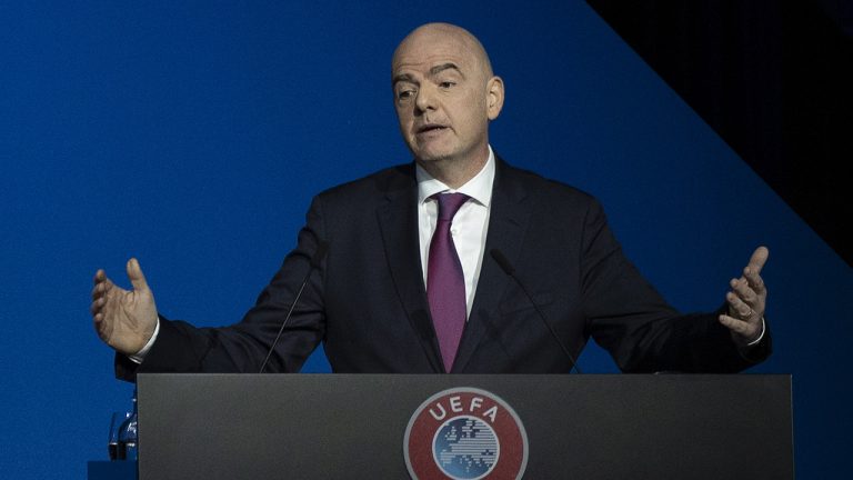 FIFA President Gianni Infantino addresses a meeting of European soccer leaders at the congress of the UEFA governing body in Amsterdam, Netherlands.  (AP Photo/Peter Dejong, File)