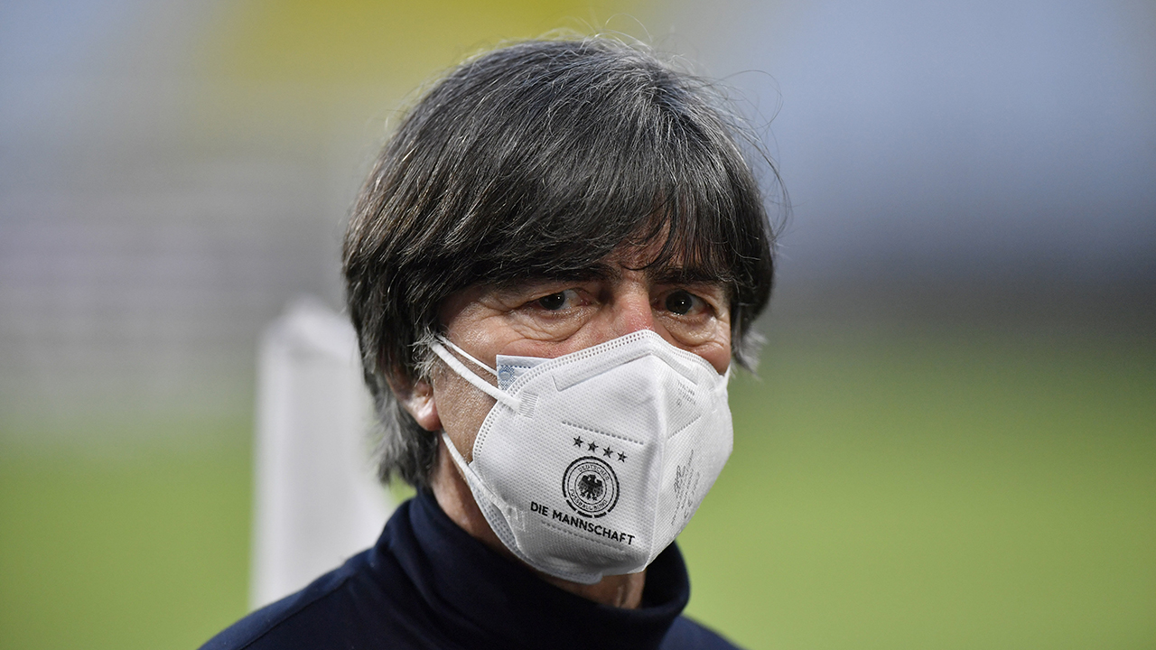 Germany head coach Joachim Low stands on the pitch prior to the start of the World Cup 2022 group J qualifying soccer match between Germany and North Macedonia in Duisburg, Germany, Wednesday, March 31, 2021. (Martin Meissner/AP)
