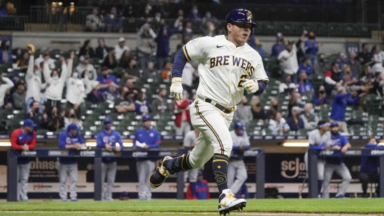 Milwaukee Brewers' Luis Urias hits a three-run scoring double during the sixth inning of a baseball game against the Chicago Cubs Monday, April 12, 2021, in Milwaukee. (Morry Gash/AP)