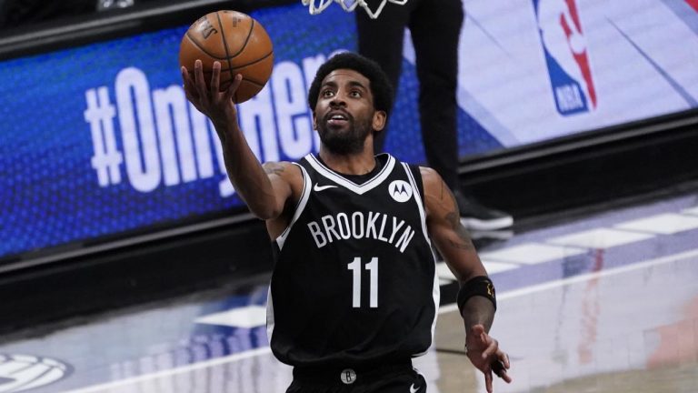 Brooklyn Nets guard Kyrie Irving goes to the basket during the second half of an NBA basketball game against the Boston Celtics, Friday, April 23, 2021, in New York. (Mary Altaffer/AP)