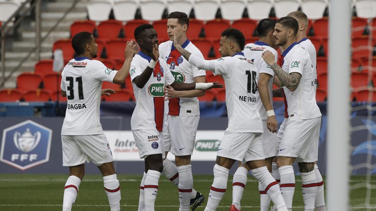 PSG's Mauro Icardi, right, celebrates with his teammates after scoring his side's opening goal during the French Cup quarter final soccer match between Paris Saint-Germain and Angers SCO at the Parc des Princes stadium in Paris, France, Wednesday, April 21, 2021. (Lewis Joly/AP)
