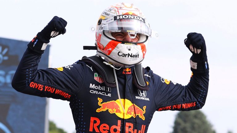 Red Bull's Max Verstappen celebrates after winning the Emilia Romagna Formula One Grand Prix. (Bryn Lennon/ Pool Via AP)