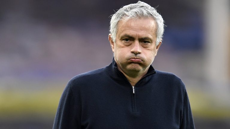 Tottenham's manager Jose Mourinho looks on during warm up before the English Premier League soccer match between Everton and Tottenham Hotspur at Goodison Park in Liverpool, England, Friday, April 16, 2021. (Peter Powell/Pool via AP)
