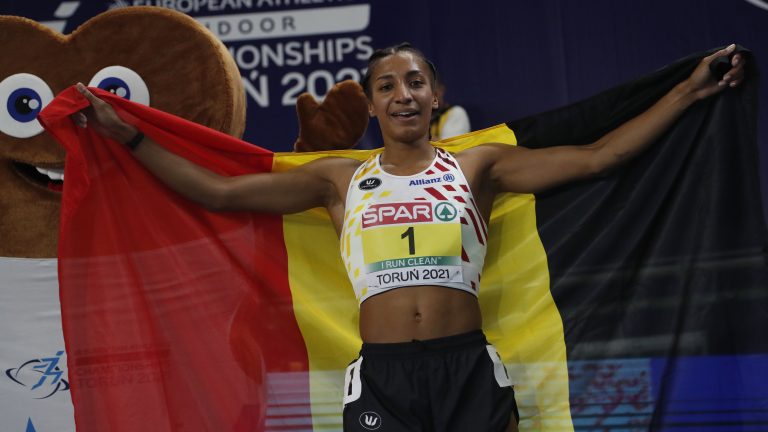 Belgium's Nafissatou Thiam celebrates after winning the pentathlon at the Poland European Indoor Athletics Championships in Torun, Poland, Friday, March 5, 2021. (Darko Vojinovic/AP)