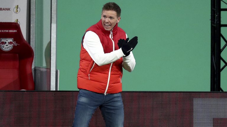 Leipzig's head coach Julian Nagelsmann gestures during the German soccer cup. (Michael Sohn/AP)