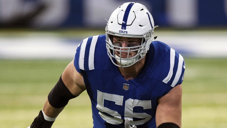 Indianapolis Colts guard Quenton Nelson (56) runs downfield to block during an NFL football game against the Houston Texans in Indianapolis. (Zach Bolinger/AP)