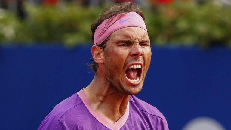 Spain's Rafael Nadal reacts after winning Japan's Kei Nishikori during the Godo tennis tournament in Barcelona, Spain, Thursday, April 22, 2021. (Joan Monfort/AP)