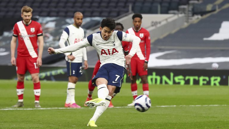 Tottenham's Son Heung-min scores his side's second goal from a penalty kick during an English Premier League soccer match between Tottenham Hotspur and Southampton Wednesday April 21, 2021. (Clive Rose/Pool via AP)