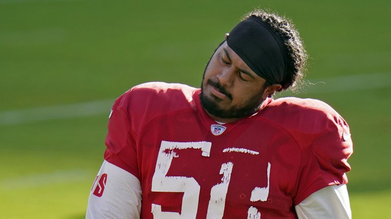 Tampa Bay Buccaneers defensive tackle Vita Vea (50) stretches his neck during an NFL football training camp practice (Chris O'Meara/AP)