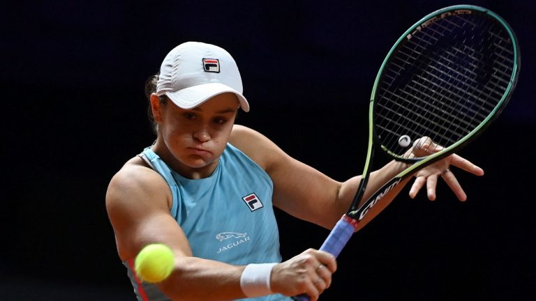Ashleigh Barty of Australia plays a return to Aryna Sabalenka of Belarusia during their WTA Tour Women Final. (Marijan Murat/AP)