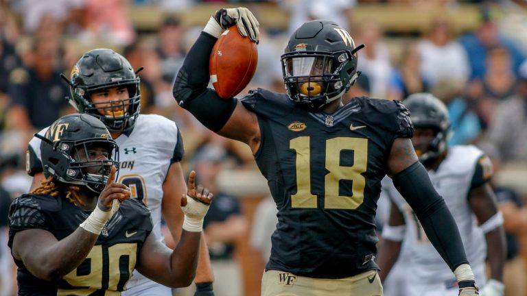Wake Forest defensive linemen Carlos Basham Jr. (18) and Sulaiman Kamara celebrate after sacking Towson quarterback Tom Flacco in the first half of an NCAA college football game. (Nell Redmond/AP)