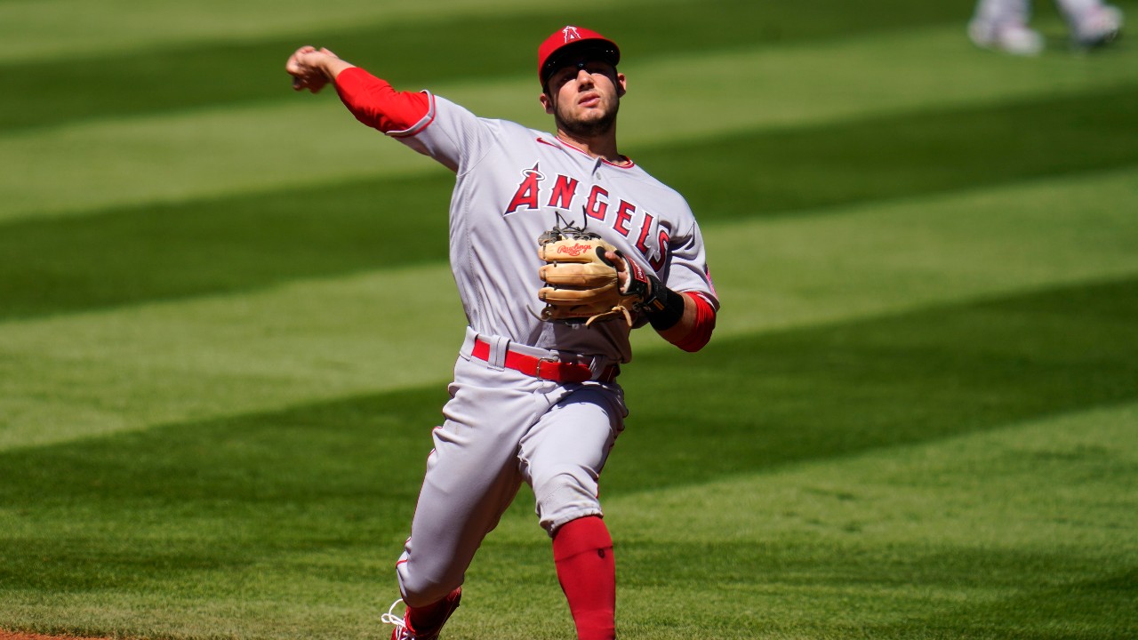 Los Angeles Angels second baseman David Fletcher throws to first base to put out Colorado Rockies' Raimel Tapia in the first inning of a baseball game Sunday, Sept. 13, 2020, in Denver. (AP Photo/David Zalubowski)