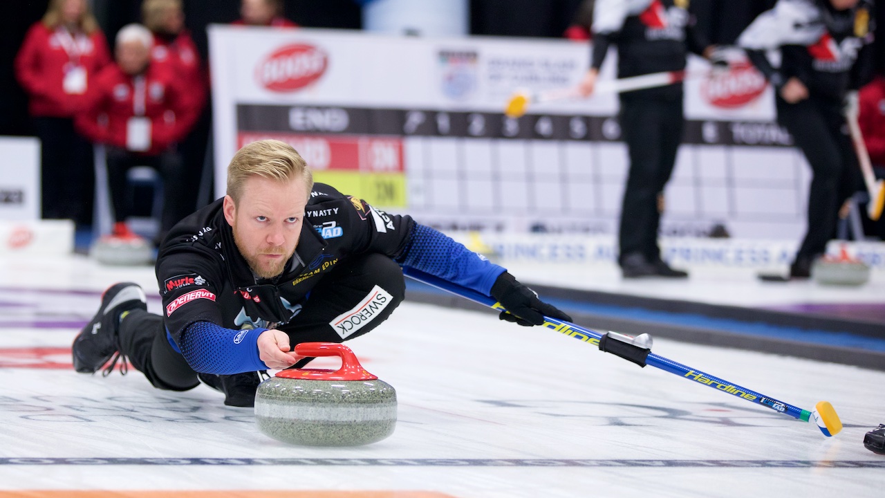 Niklas Edin releases a stone before crossing the hog line during the 2019 BOOST National in Conception Bay South, N.L. (Anil Mungal)