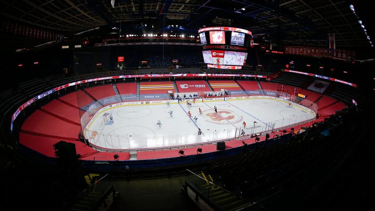 The Vancouver Canucks play the Calgary Flames as the first period beings in an empty arena in NHL hockey action in Calgary, Monday, Jan. 18, 2021. (Jeff McIntosh/CP)