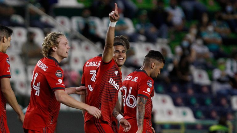 Erickson Gallardo of Canada's Toronto FC and his teammates celebrate after Andres Mosquera of Mexico's Leon scored an own goal during their Concacaf Champions League soccer match in Leon, Mexico, Wednesday, April 7, 2021. (Mario Armas/AP)