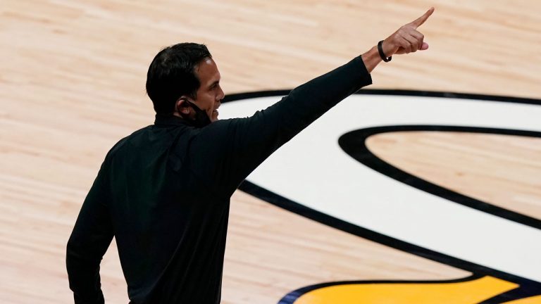Miami Heat head coach Erik Spoelstra gestures during the second half of an NBA basketball game. (Marta Lavandier/AP)