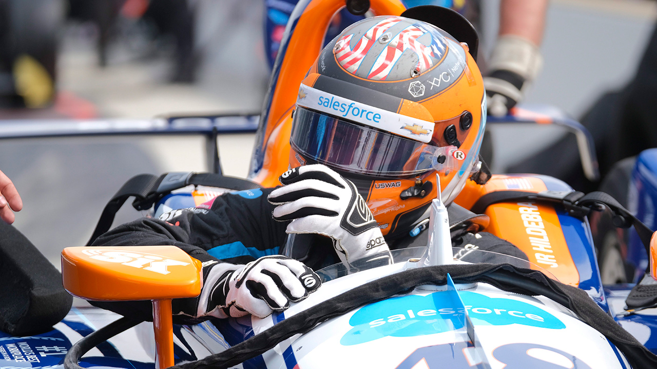 JR Hildebrand climbs into his car during the final practice session for the Indianapolis 500 IndyCar auto race at Indianapolis Motor Speedway, Friday, May 24, 2019, in Indianapolis. (AJ Mast/AP)