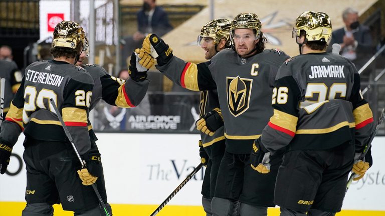 Vegas Golden Knights right wing Mark Stone, second from right, celebrates after scoring against the San Jose Sharks during the second period on Monday, April 19, 2021, in Las Vegas. (John Locher/AP)