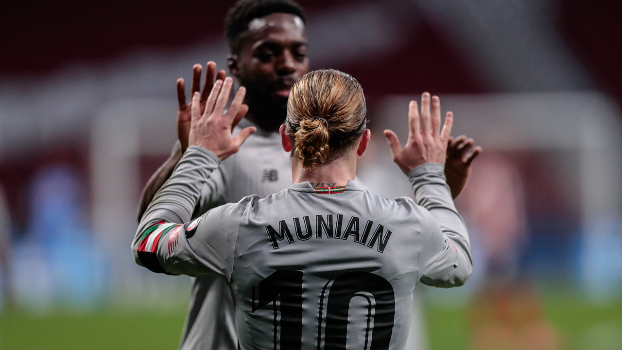 Athletic Bilbao's Iker Muniain, back, celebrates after scoring with his teammate Inaki Williams. (Bernat Armangue/AP)