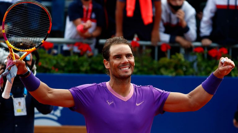 Rafael Nadal of Spain celebrates his victory over Pablo Carreno Busta of Spain after a semi final Godo tennis tournament in Barcelona. (Joan Monfort/AP)