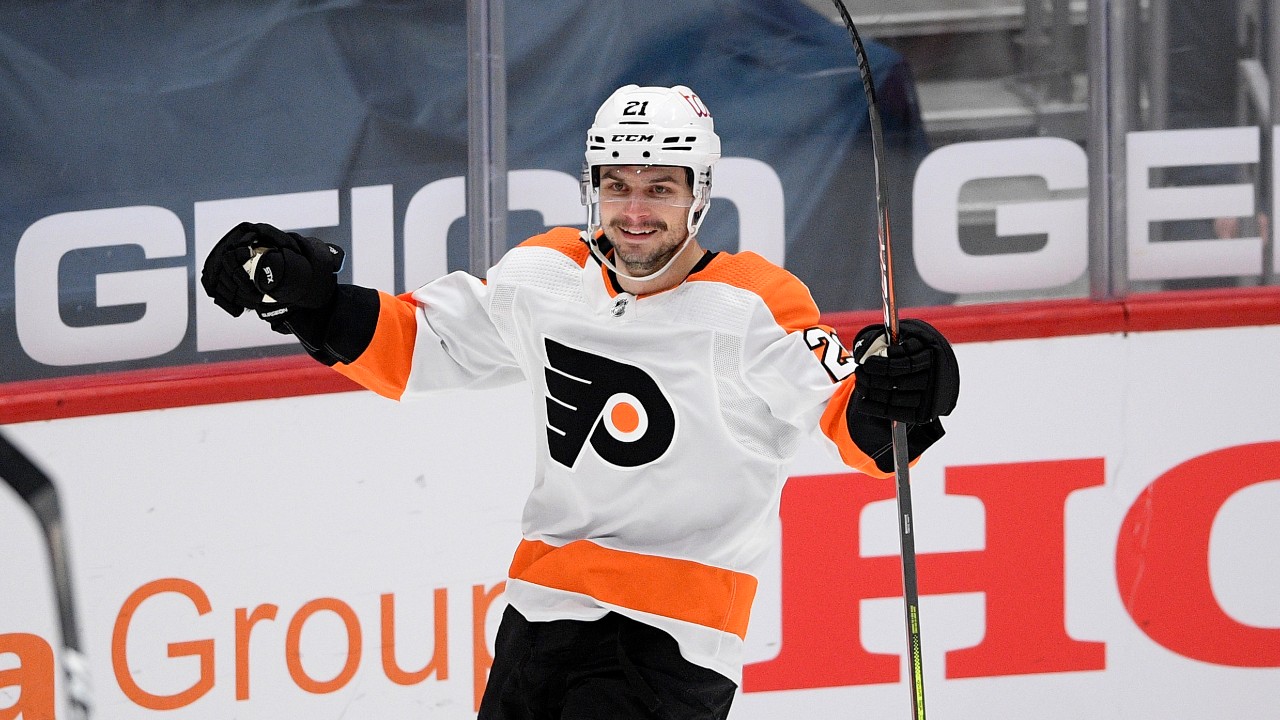 Scott Laughton celebrates after scoring a goal. (AP Photo/Nick Wass)