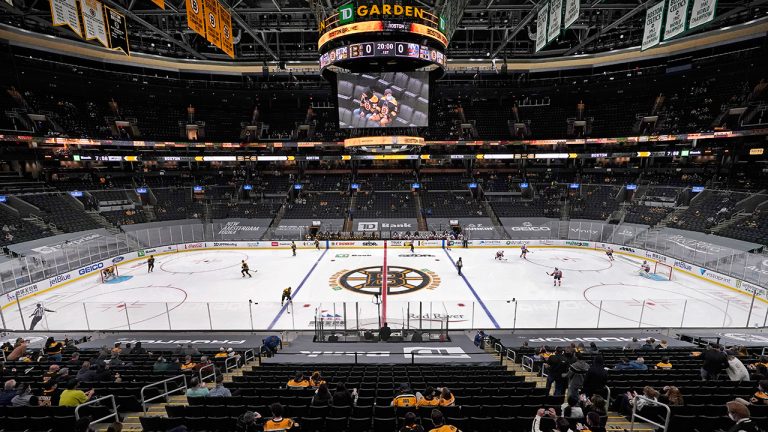 Hockey fans sit socially distanced in TD Garden before an NHL hockey game between the Boston Bruins and the New York Islanders, Thursday, March 25, 2021, in Boston. (Elise Amendola/AP)