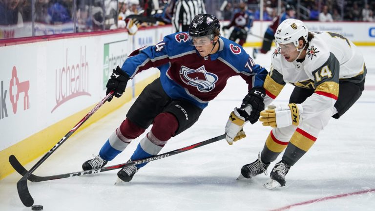 Colorado Avalanche right wing Alex Beaucage (74) skates against Vegas Golden Knights defenseman Nicolas Hague (14) during the first period of a preseason NHL hockey game. (Jack Dempsey/AP)