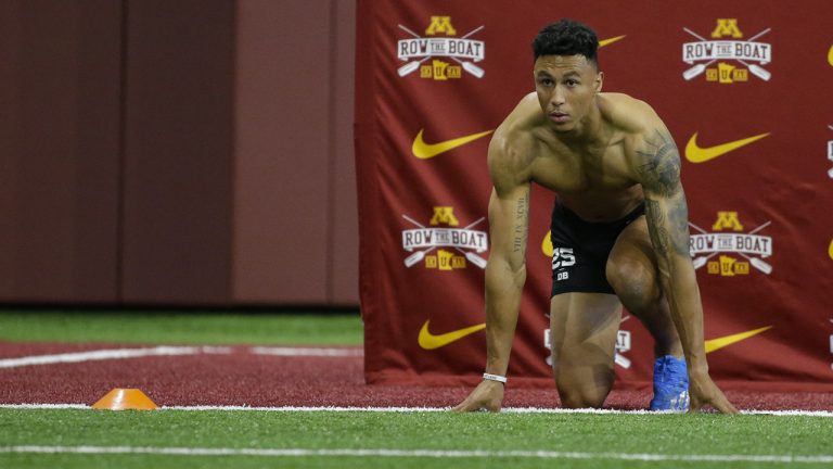 Minnesota cornerback Benjamin St-Juste prepares to run during Minnesota NFL football Pro Day Thursday, April 1, 2021, in Minneapolis. (Andy Clayton- King/AP)