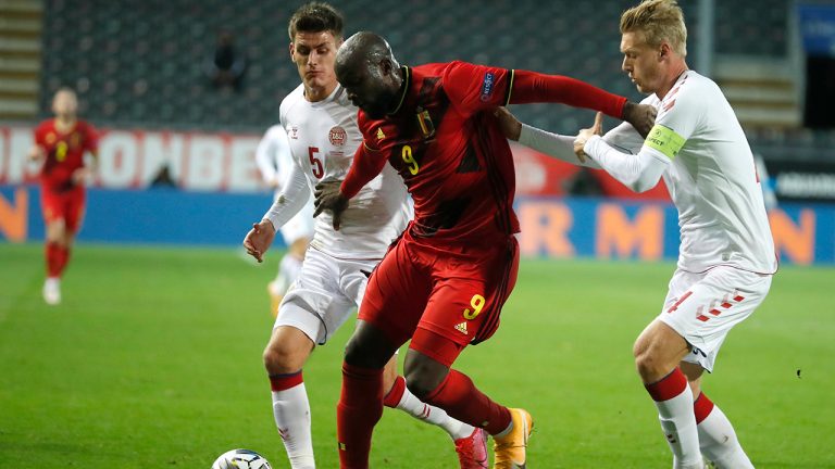 Belgium's Romelu Lukaku, center, vies for the ball with Denmark's Simon Kjær, right, and Joakim Mæhle during the UEFA Nations League soccer match between Belgium and Denmark at the King Power stadium in Leuven, Belgium, Wednesday, Nov. 18, 2020. (Francisco Seco/AP)