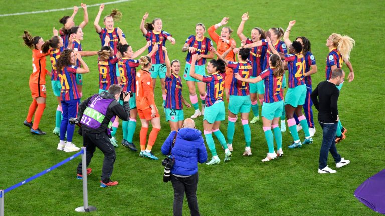 Barcelona players celebrate after winning the UEFA Women's Champions League final soccer match between Chelsea FC and FC Barcelona in Gothenburg, Sweden, Sunday, May 16, 2021. Barcelona won 4-0. (AP Photo/Martin Meissner)
