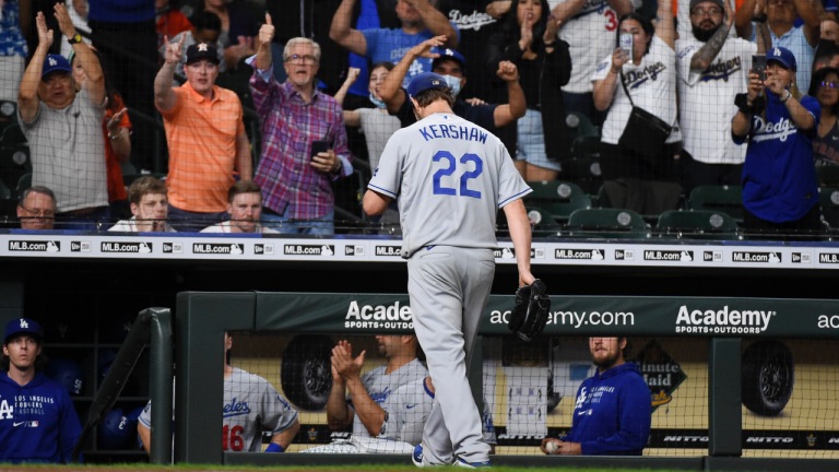 Los Angeles Dodgers starting pitcher Clayton Kershaw (22) walks to the dugout after being remove from the baseball game during the eighth inning against the Houston Astros, Tuesday, May 25, 2021, in Houston. (Eric Christian Smith / AP) 