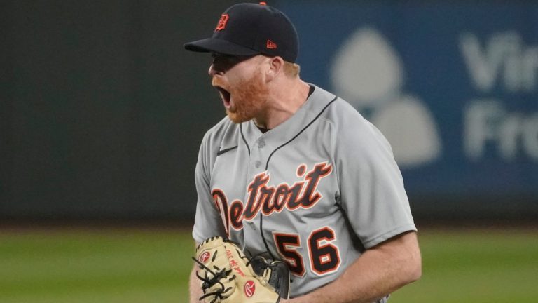 Former Detroit Tigers starting pitcher Spencer Turnbull reacts after he threw a no-hitter against the Seattle Mariners. (Ted S. Warren/AP)