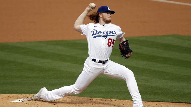 Los Angeles Dodgers starting pitcher Dustin May throws to a San Diego Padres batter during the first inning of a baseball game. (Alex Gallardo/AP)