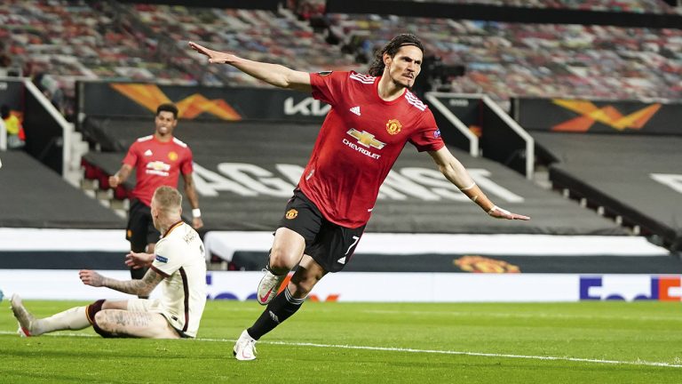 Manchester United's Edinson Cavani celebrates after scoring. (Jon Super/AP)