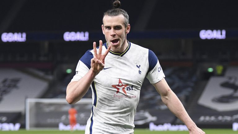 Tottenham's Gareth Bale celebrates after scoring his side's third goal during the English Premier League soccer match between Tottenham and Sheffield United, Sunday, May 2, 2021. (Shaun Botterill/Pool via AP)