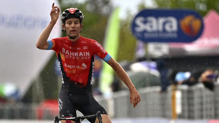 Switzerland's Gino Mader celebrates after winning the sixth stage of the Giro d'Italia cycling race, from Grotte di Frasassi to Ascoli Piceno Thursday, May 13, 2021. (Massimo Paolone/LaPresse via AP)