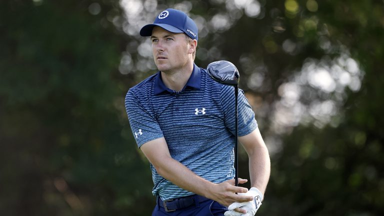 Jordan Spieth follows his shot off the 12th tee during the first round of the Charles Schwab Challenge golf tournament at the Colonial Country Club in Fort Worth, Texas, Thursday, May 27, 2021. (Ron Jenkins/AP)