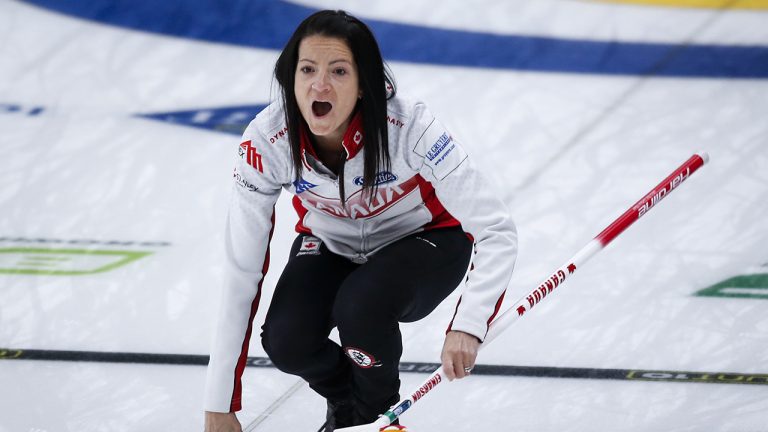 Team Canada skip Kerri Einarson directs her teammates against Germany at the Women's World Curling Championship in Calgary, Alta., Monday, May 3, 2021. (Jeff McIntosh/CP)