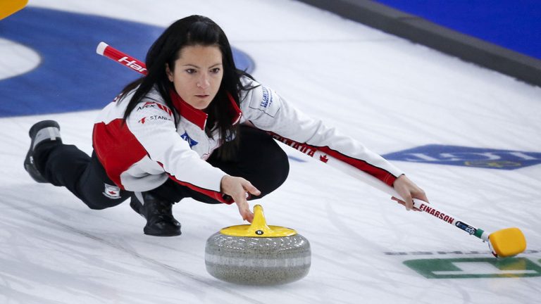 Team Canada skip Kerri Einarson makes a shot against Italy at the Women's World Curling Championship in Calgary, Alta., Tuesday, May 4, 2021. (Jeff McIntosh/CP)