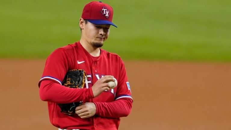 Texas Rangers starting pitcher Kohei Arihara stands on the mound before being pulled during the third inning of the team's baseball game against the Boston Red Sox in Arlington, Texas, Friday, April 30, 2021. (Tony Gutierrez/AP)