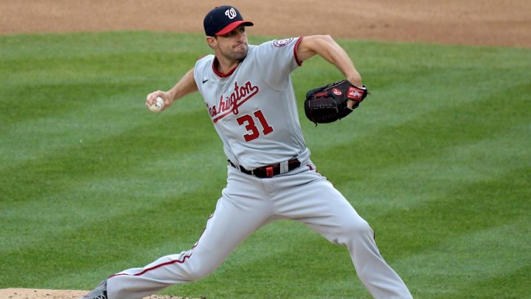 Washington Nationals starting pitcher Max Scherzer throws against the New York Yankees. (Bill Kostroun/AP)